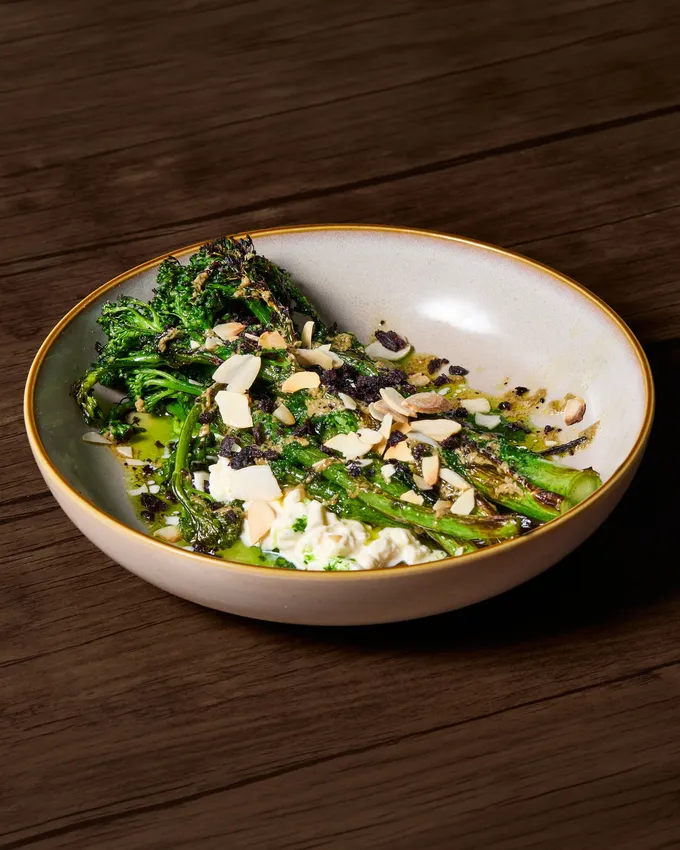 Charred broccolini with almond and salsa verde