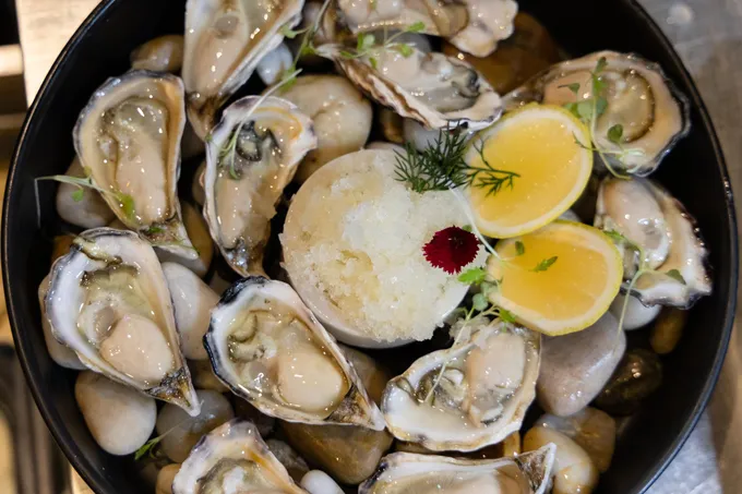 A platter of freshly shucked local oysters