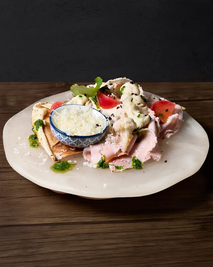Wood-fired porchetta with pecorino sardo