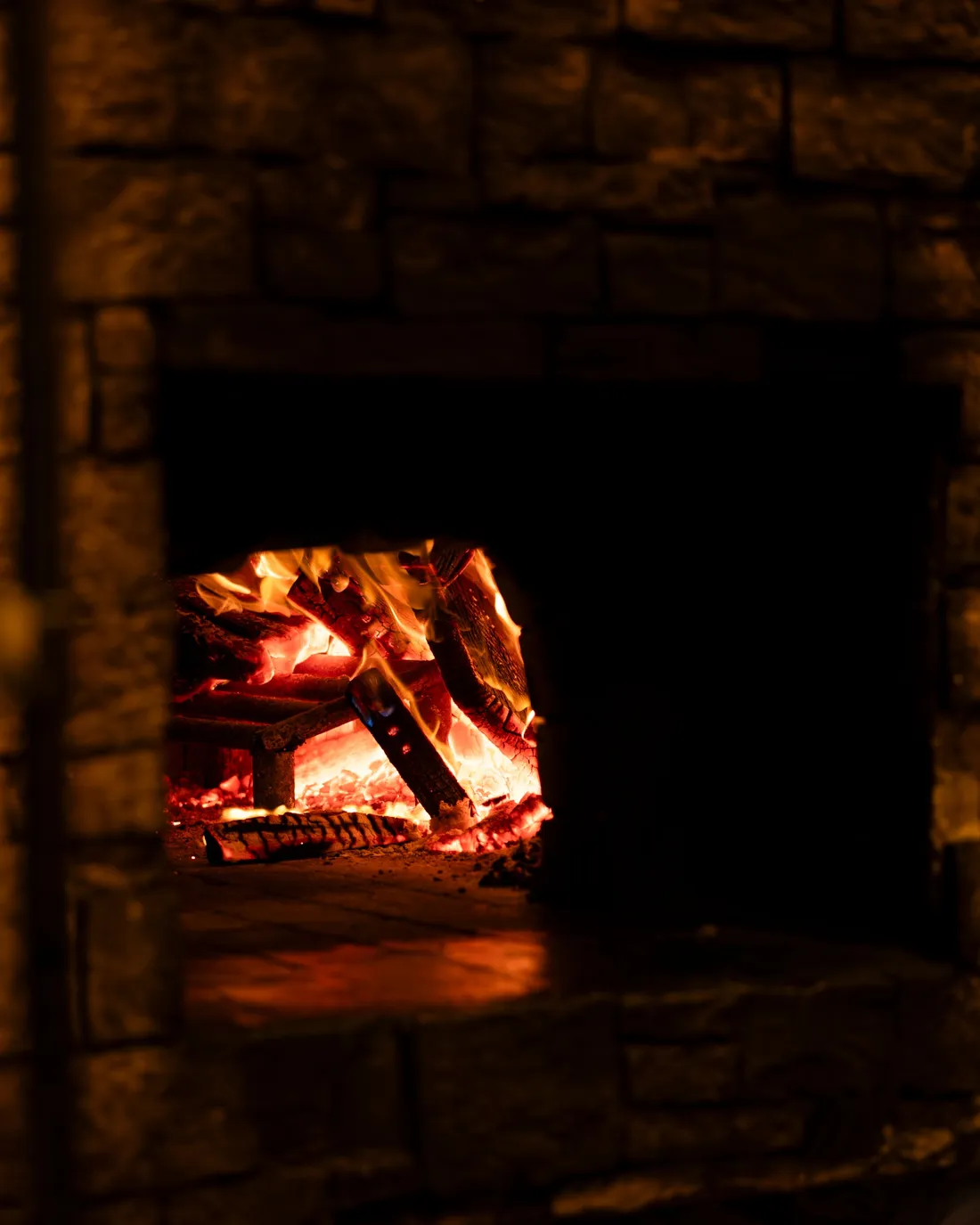 The wood fire burning in the oven